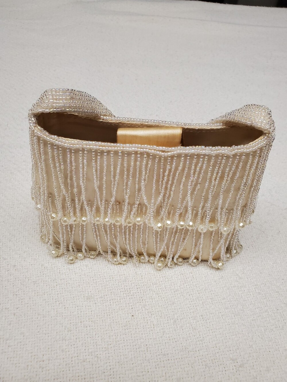 Vintage La Regale Beaded Fringe Evening Bag Ivory Pearl Crossbody Mini Purse - Picture 9 of 10